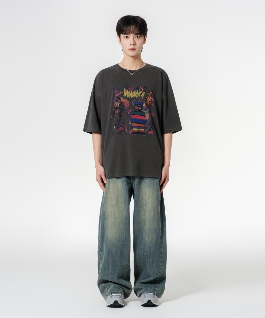 MOZMOZ Pride Bear Oversized Pigment Short Sleeve T-Shirt Charcoal