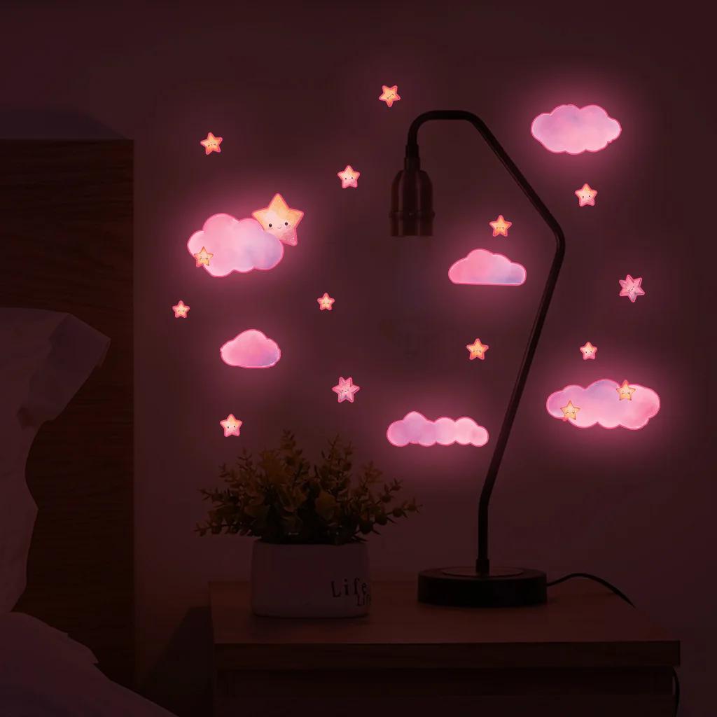 Stars Clouds Glowing Pink Wall Stickers for Kids Girls Room Bedroom Home Decor Glow in the Dark Fluorescent Light Switch Sticker
