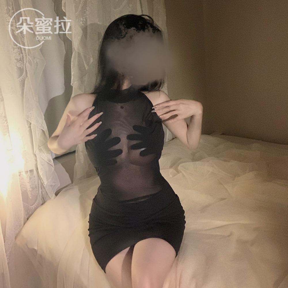 Sexy Perspective Splicing Mesh Hip Skirt Round Neck Slim Fit Pure Desire Dress Set Women's Erotic Underwear F163