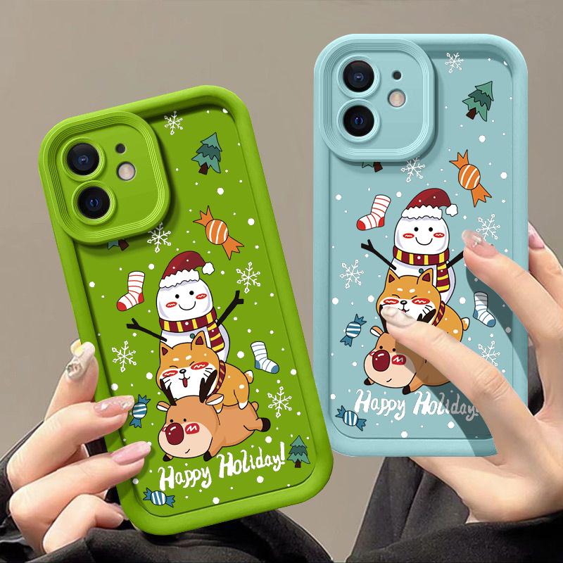 Hülle mit Weihnachtselch-Schneemann-Muster für iPhone 16 Pro 15 14 Plus 13 12 11 Pro Max Xr Xs X 8 7 Linsenschutz, weiches TPU, stoßfest, einfarbige Abdeckung