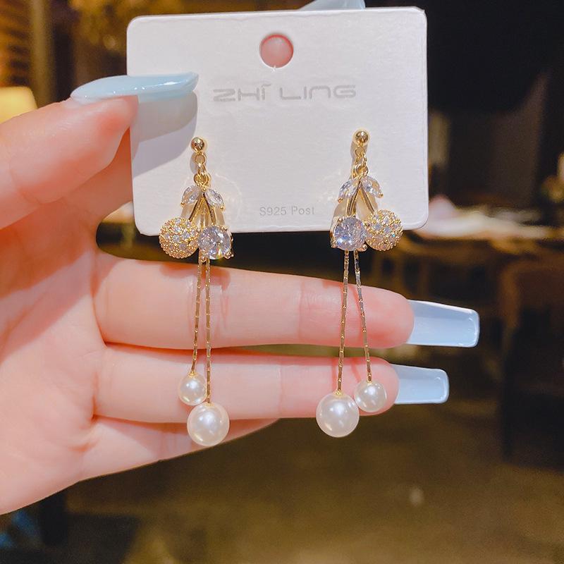 S925 Silver Geometric Cherry Pearl Earrings - Korean Stud Style 6B108 Gold