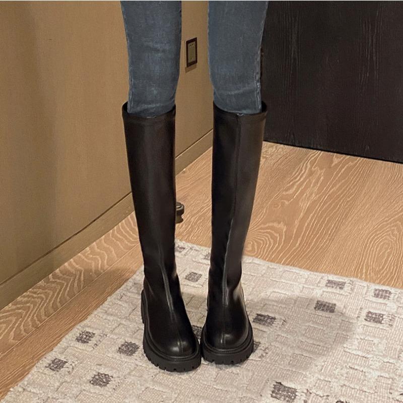 Women's Long Boots 2024 Autumn/Winter Thick Sole Round Toe Fashion Versatile Inner Heightening British Brown Knight Boots Women