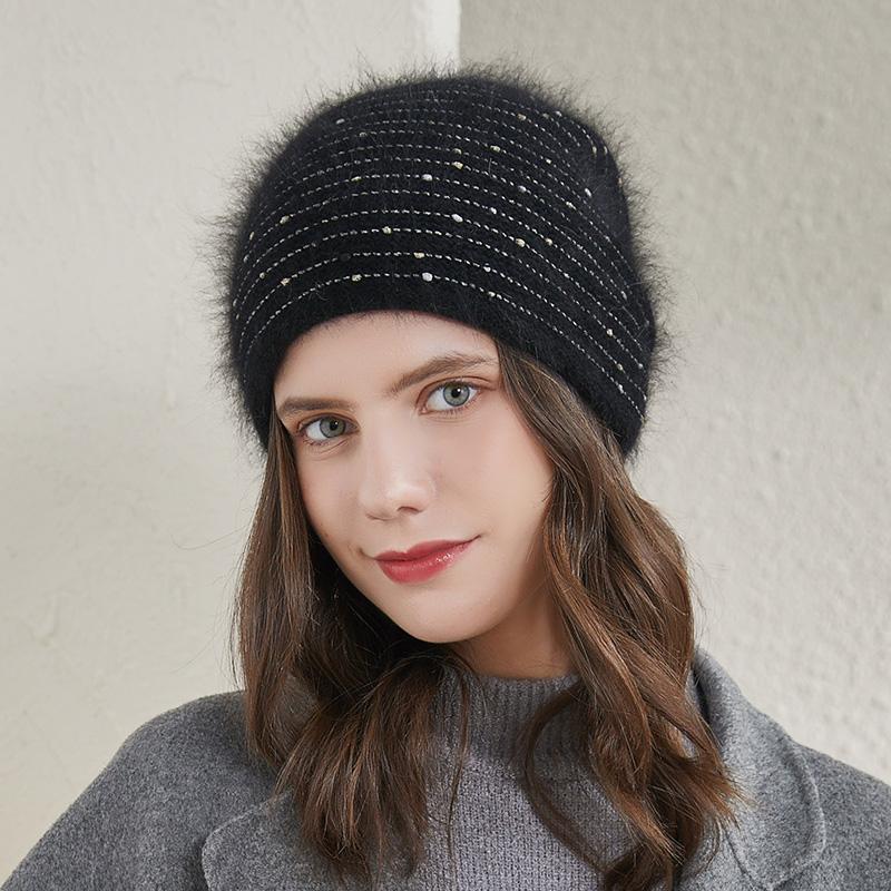 RTS Stock Winter Womens Knit Hats Angola Wool Warm Knitted Beanie Custom Colored Thread Ski Hat Fluffy Skull Hat