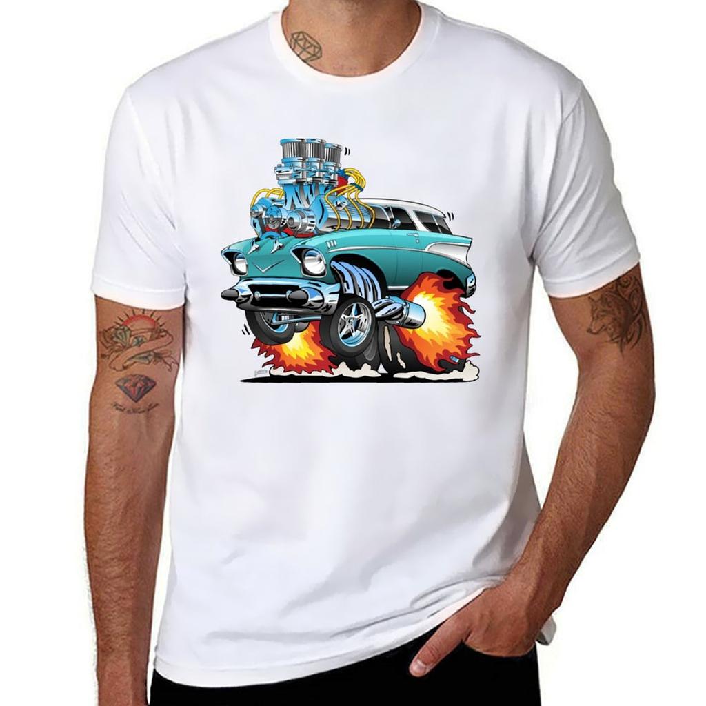 Classic Fifties Hot Rod Muscle Car Cartoon Tshirt Breathable Lightweight Summer Top