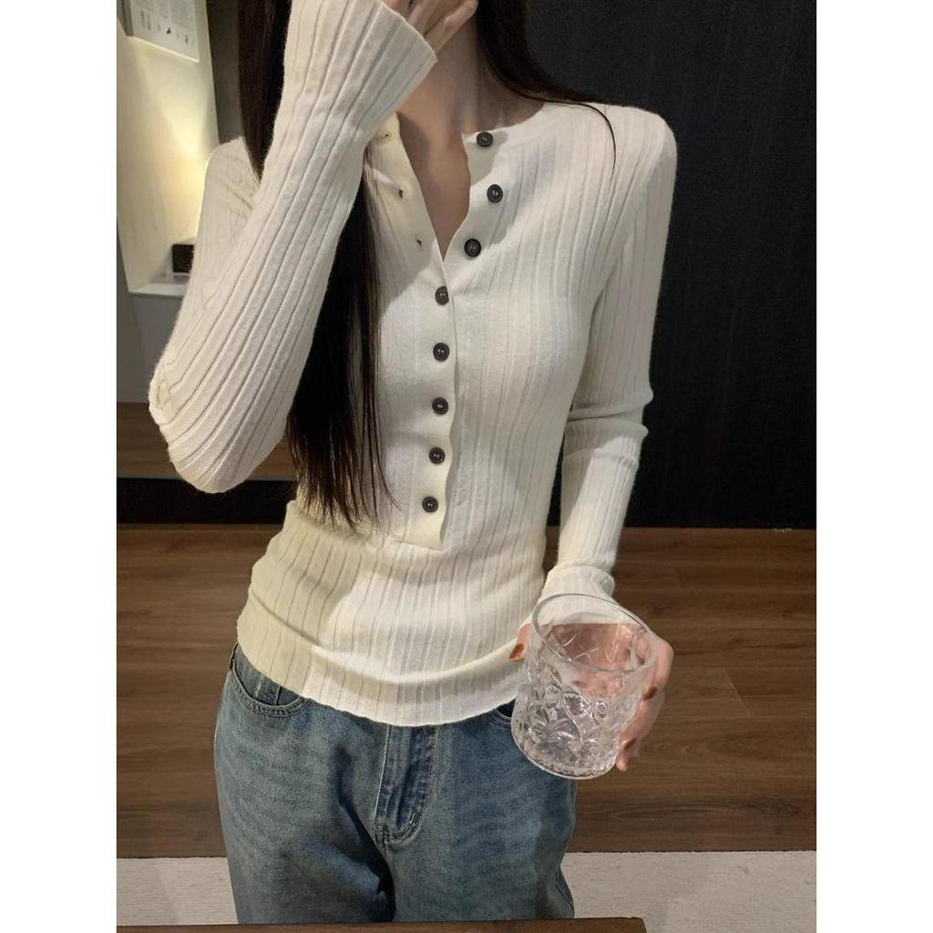 Women's Slim Fit Long Sleeve Knit Top with Half-Open Collar - 2025 Autumn/Winter Trend