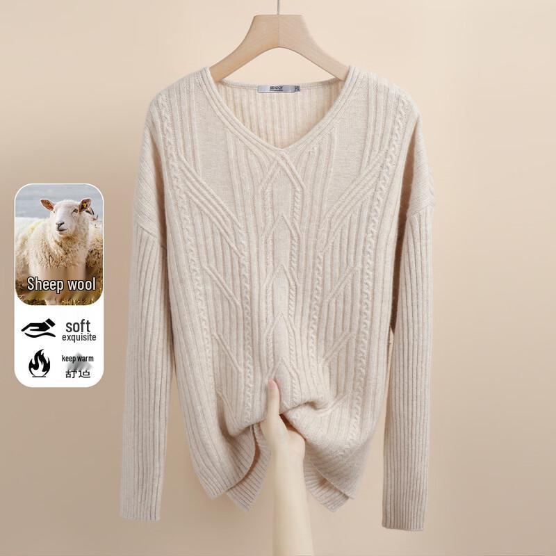 SNOWFLYING Women s V-Neck Wool Cashmere Blend Cable Knit Sweater S