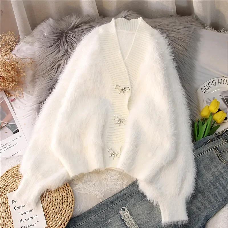 Autumn Winter Thickened New Loose V-neck Design Top Short New Mink Fluff Sweater Jacket Women's Cardigan