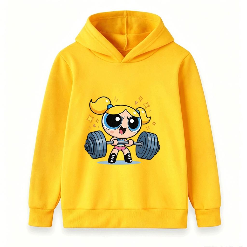 Kids Boys Girls Pullover Hoodie, Cute Bubbles Powerpuff Weight Lifting Cartoon Print Casual Soft Hooded Sweatshirt for Children Daily Wear
