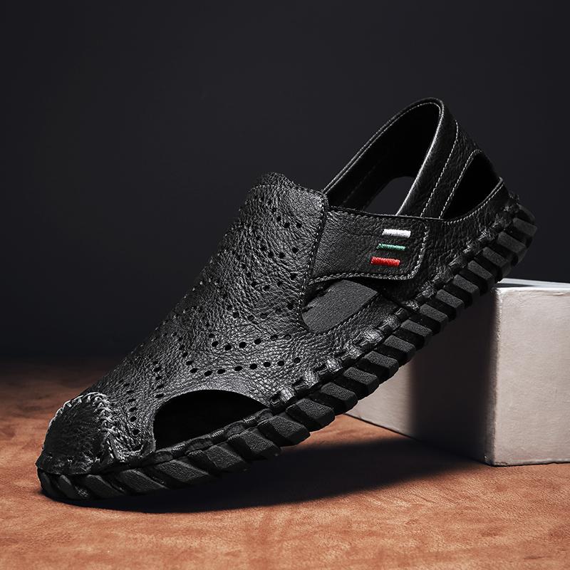 Fashion Men Handmade Sandals PU Solid Color Hollow Soft Sole Business Casual Sandals Comfortable Breathable Non Slip Beach Shoes