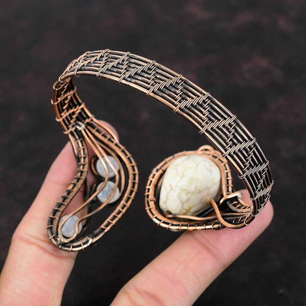 Howlite Bangle Copper Wire Wrapped Cuff Bracelet Handmade Adjustable Bangle Skull Bone Face Cuff Bracelet Rainbow Moonstone Gemstone Jewelry