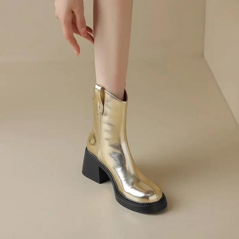 Booties Heeled Fur Combat Women's Ankle Boots Punk Style Very High Heels Patent Leather Female Short Shoes Boot Footwear New In