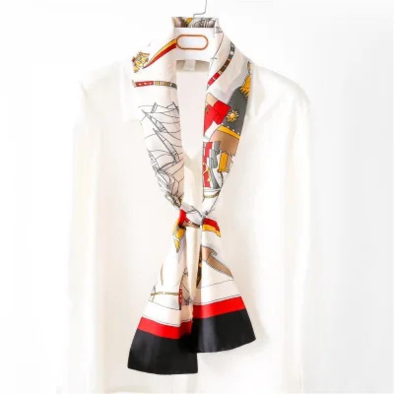 Hijab Real Long Silk Women Print Elegant Neck Scarves Hair Head Ribbon Tie Bag Handle Decoration Foulard Collar Kerchief