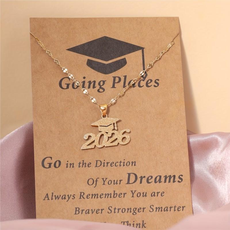 Stainless Steel Matte Golden Mortarboard Featuring Number Pendant Necklace for Women Graduation Memorial Jewelry Gifts