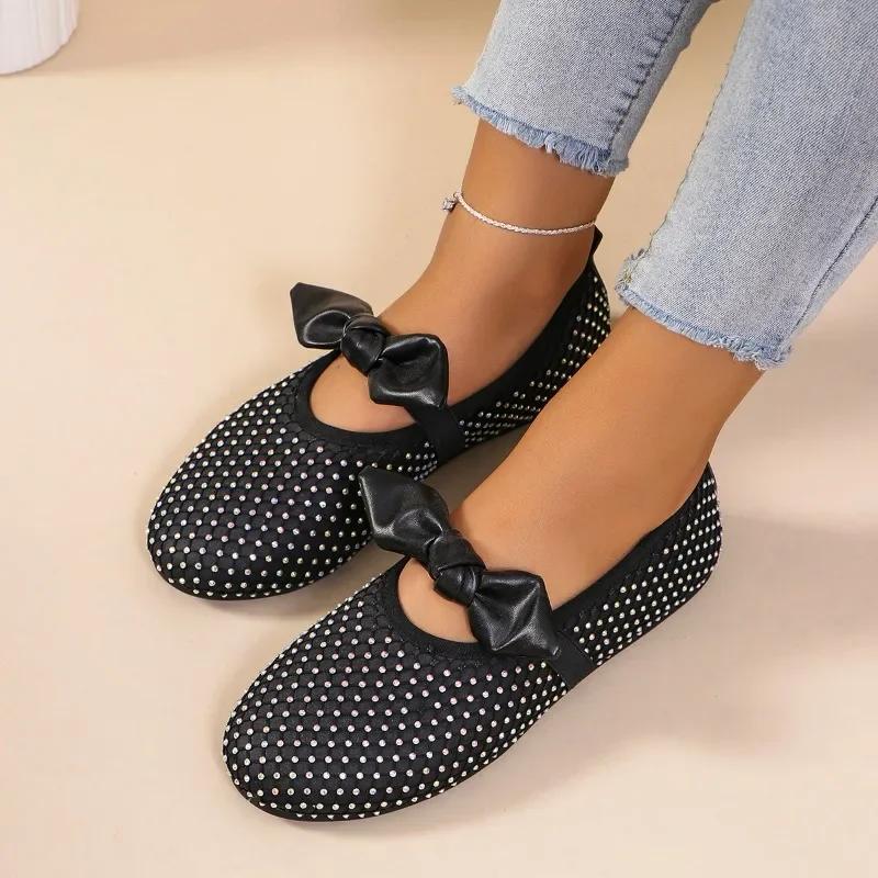 

2024 Лидер продаж Роскошные балетки со стразами и заклепками Женские туфли Мэри Джейн с бантом на мягкой подошве Женские мокасины с кристаллами и пряжкой 43 чёрный