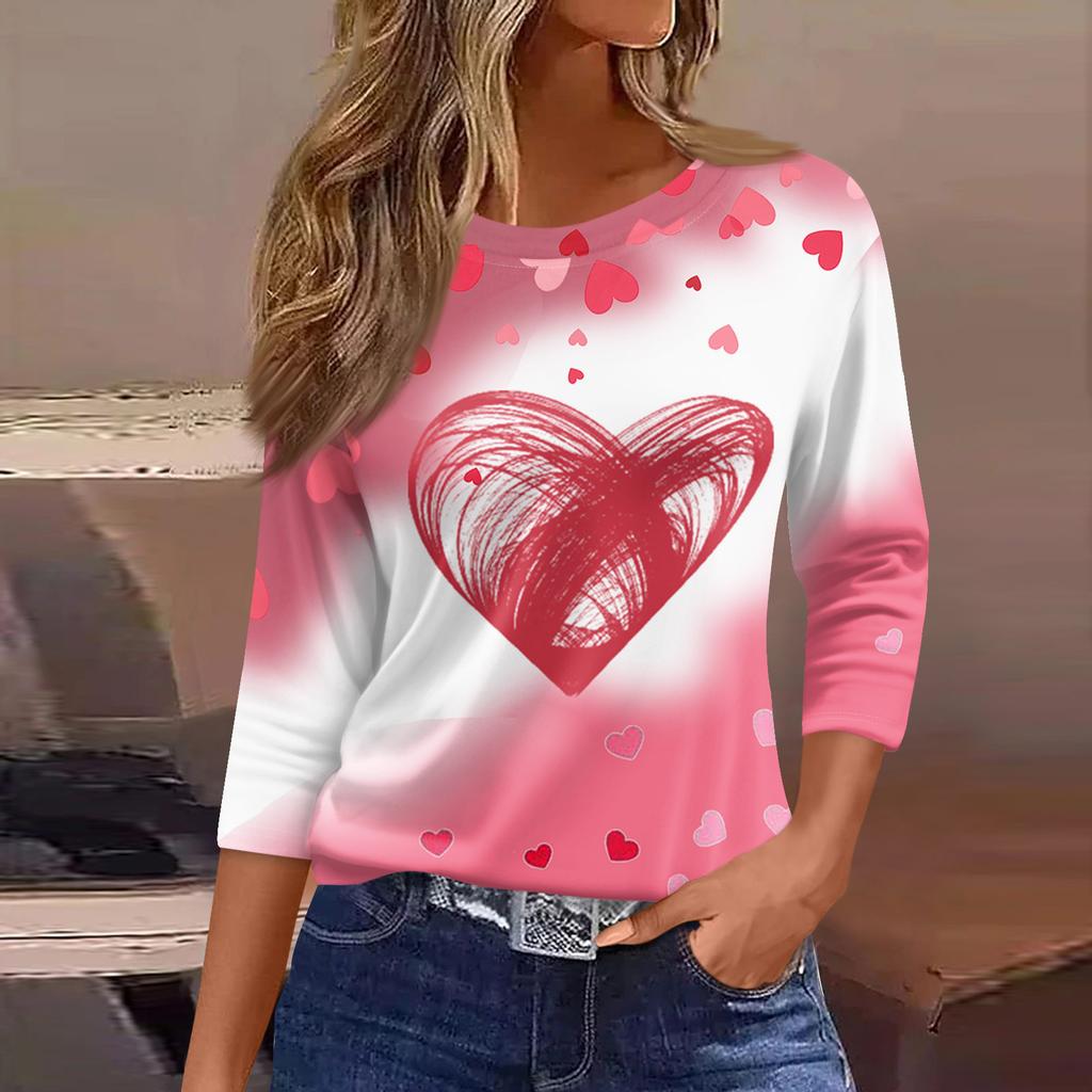 Women's Fashion Casual Round Neck 3/4 Sleeve Loose  Printed T-Shirt Ladies Top