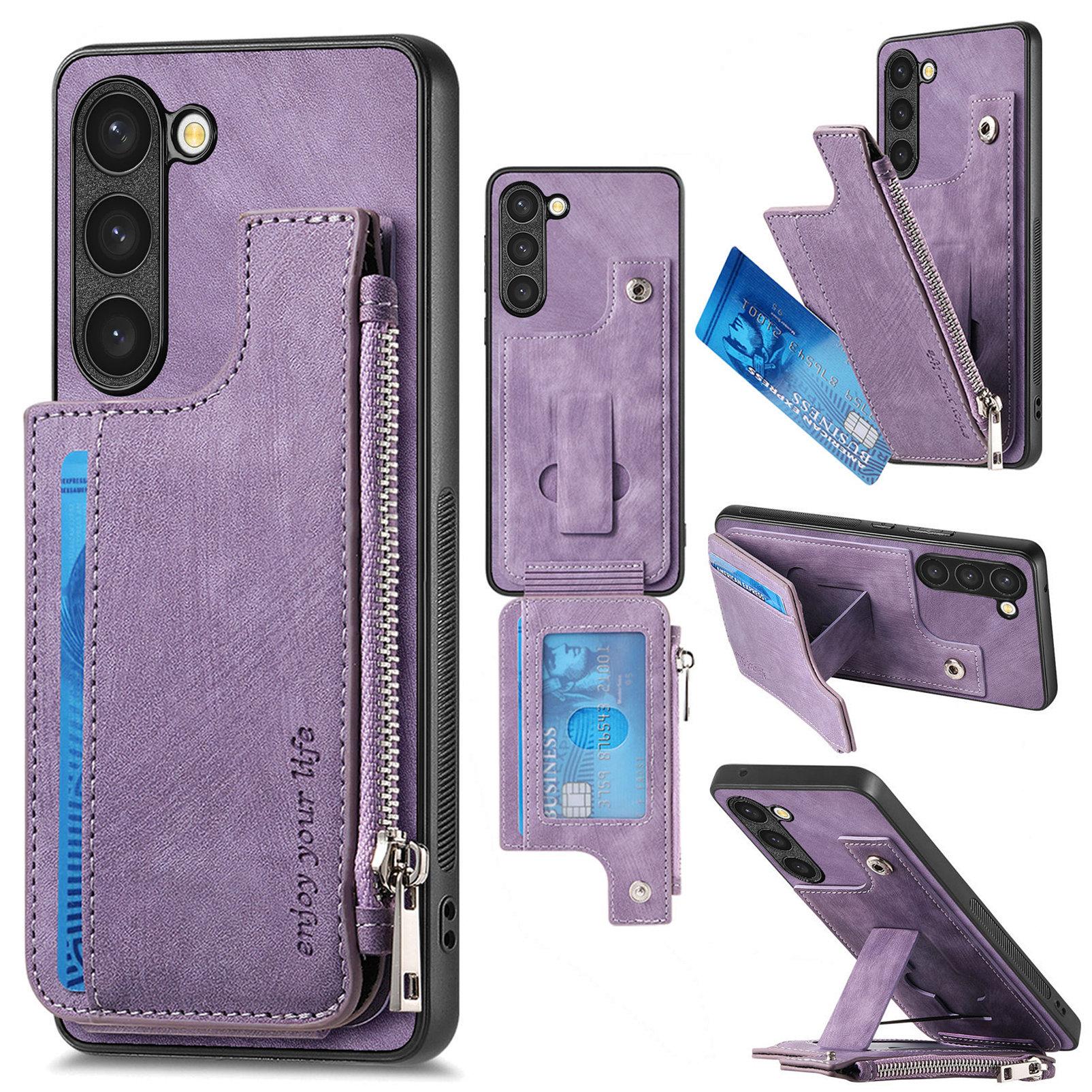 

For Samsung Galaxy S23+ Case Zipper Card Holder Kickstand Leather+PC+TPU Phone Cover Purple