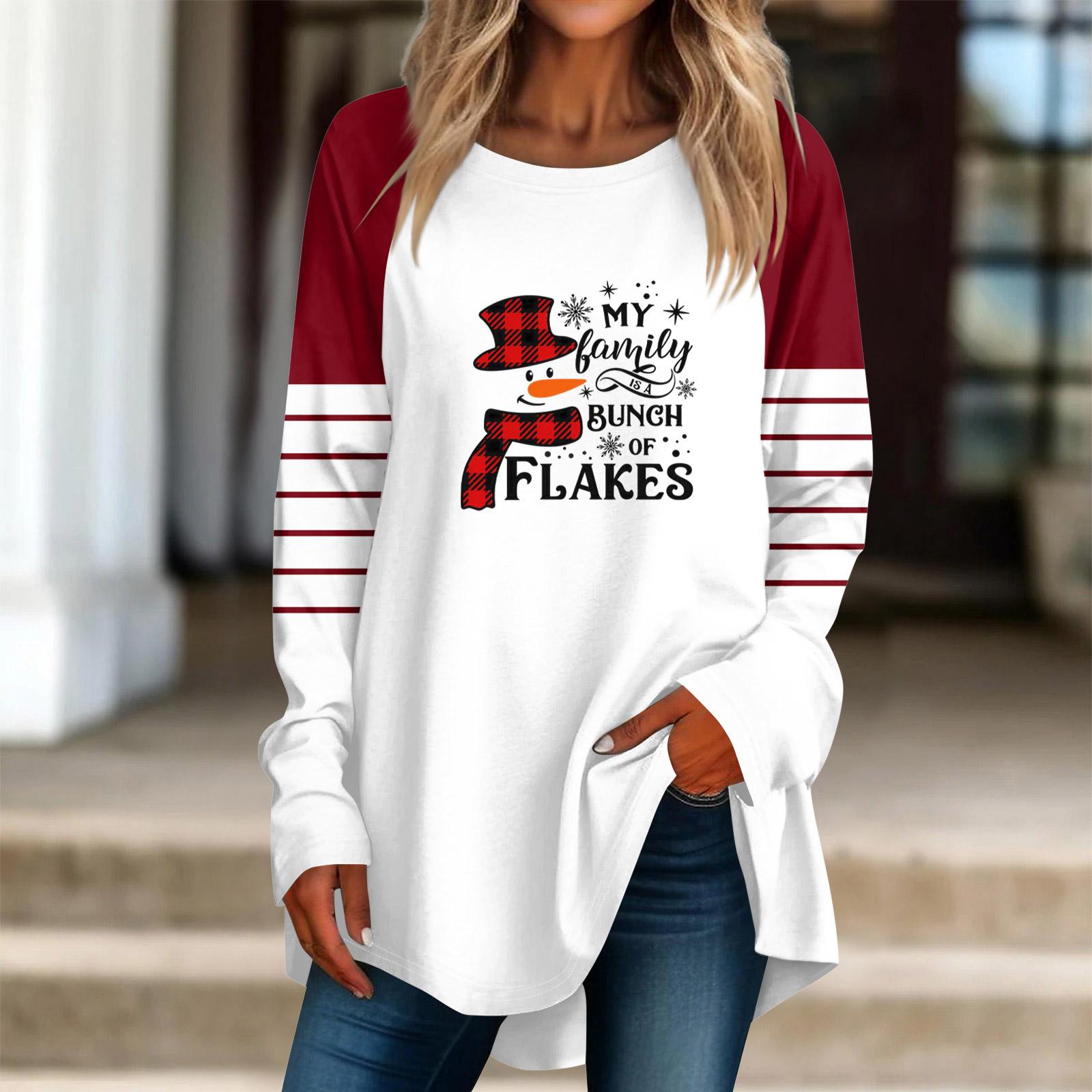 

Fashionable Women s Loose Round Neck Christmas Small Print Long-sleeved T-shirt Top Pullover XXL