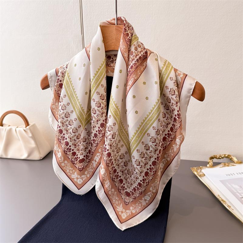Border floral small square scarf high-end print imitation silk scarf shawl square scarf neck scarf headscarf scarf for women