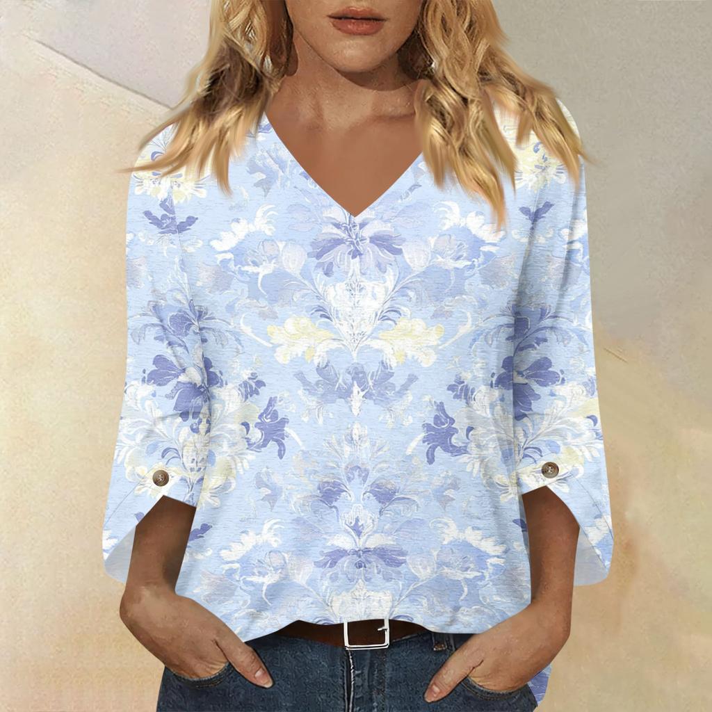 Womens V Neck Three Quarter Sleeve Floral Print Casual Loose Fit Top Comfortable Lightweight Blouse for Daily Wear Office and Travel
