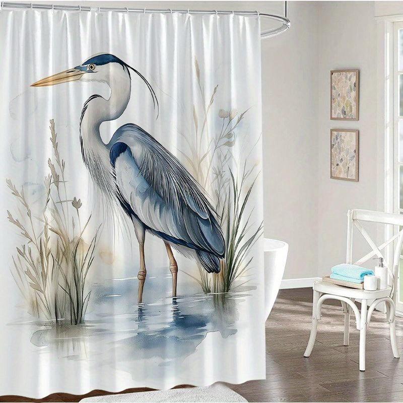 1Pc Watercolor Heron Pattern Shower Curtain, Polyester Fabric, Machine Washable, Suitable For Bathroom Decoration