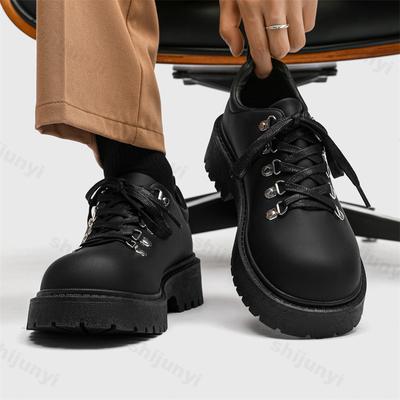 Fashion 2025 New Thick Soled Derby Square Toe Casual PU Shoes Versatile Height Increasing Social Shoe Pure Black Comfortable Non Slip