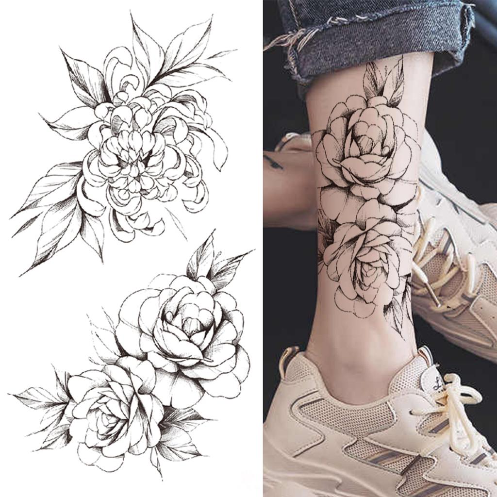 Realistische Nep Pioenroos Tijdelijke Tatoeages Voor Vrouwen Meisje Zwarte Roos Olifant Bloemen Tatoeage Sticker Tijger Anemoon Tatoeages Halfmouw