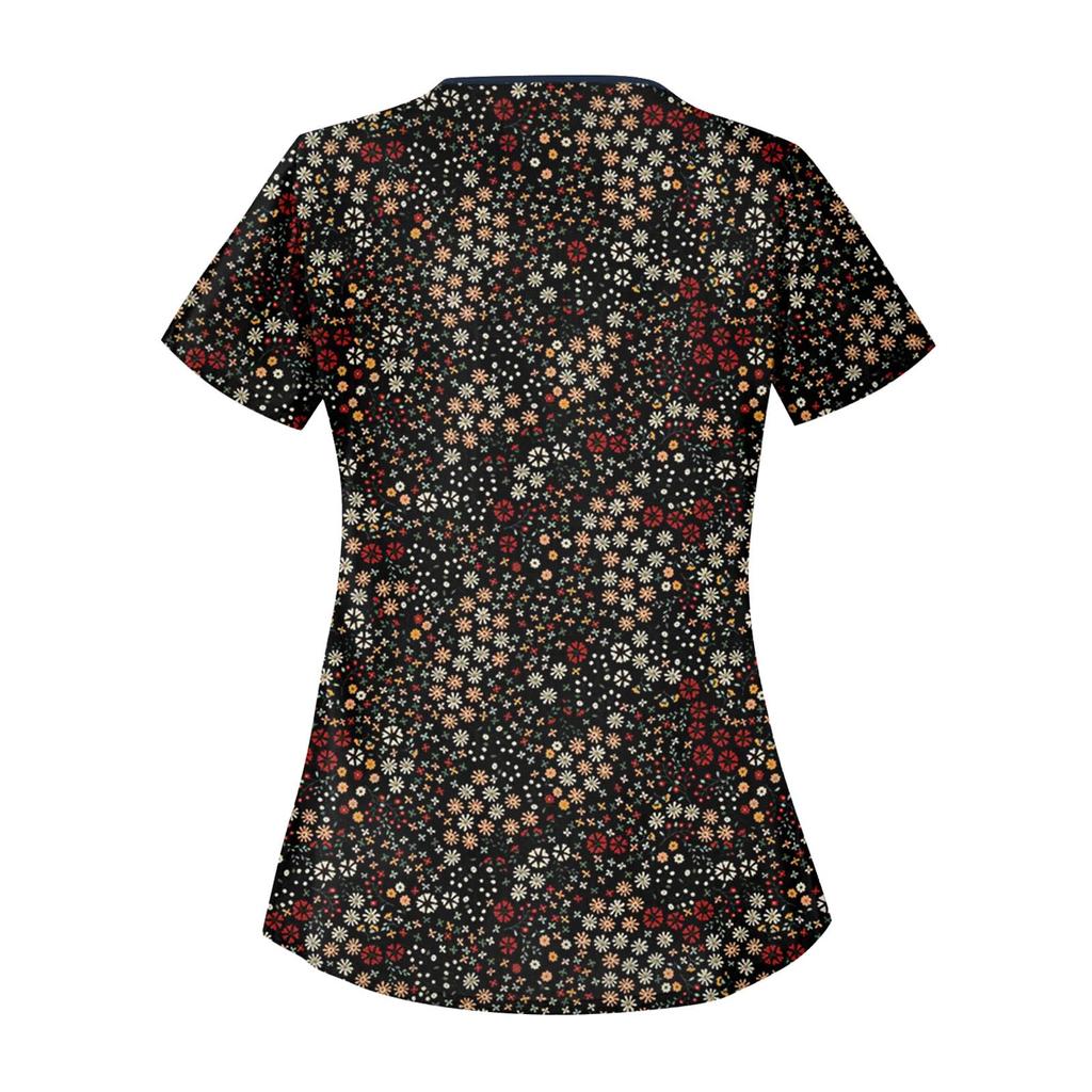 Women's Fashion Flower Printed  Short Sleeve Care Workwear With Double Pockets Top