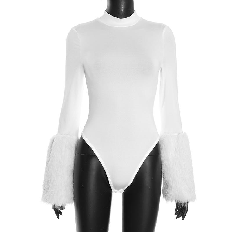 

Autumn Women s Sexy Patchwork Fur Sleeve Solid Color Tight Jumpsuit XS