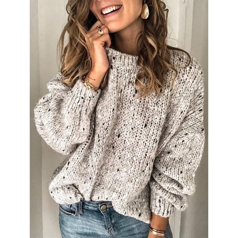Women's Floral Dot Knit Pullover Sweater - Casual Long Sleeve, Round Neck, Autumn Winter