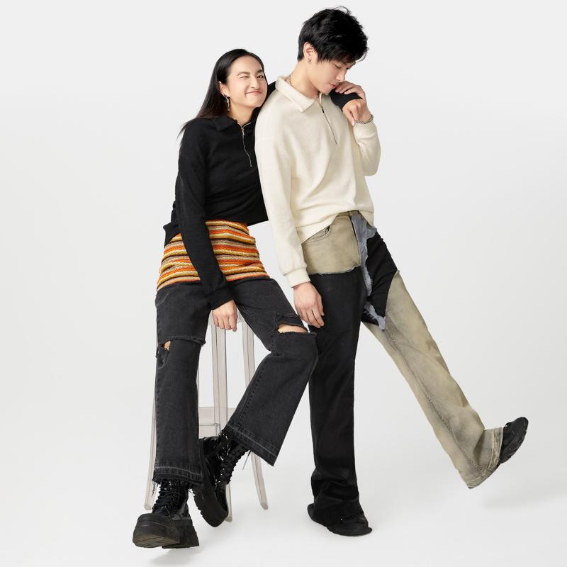 Unisex Women Men Zipper Lapel Neck Casual Loose Couple Pullovers Tops