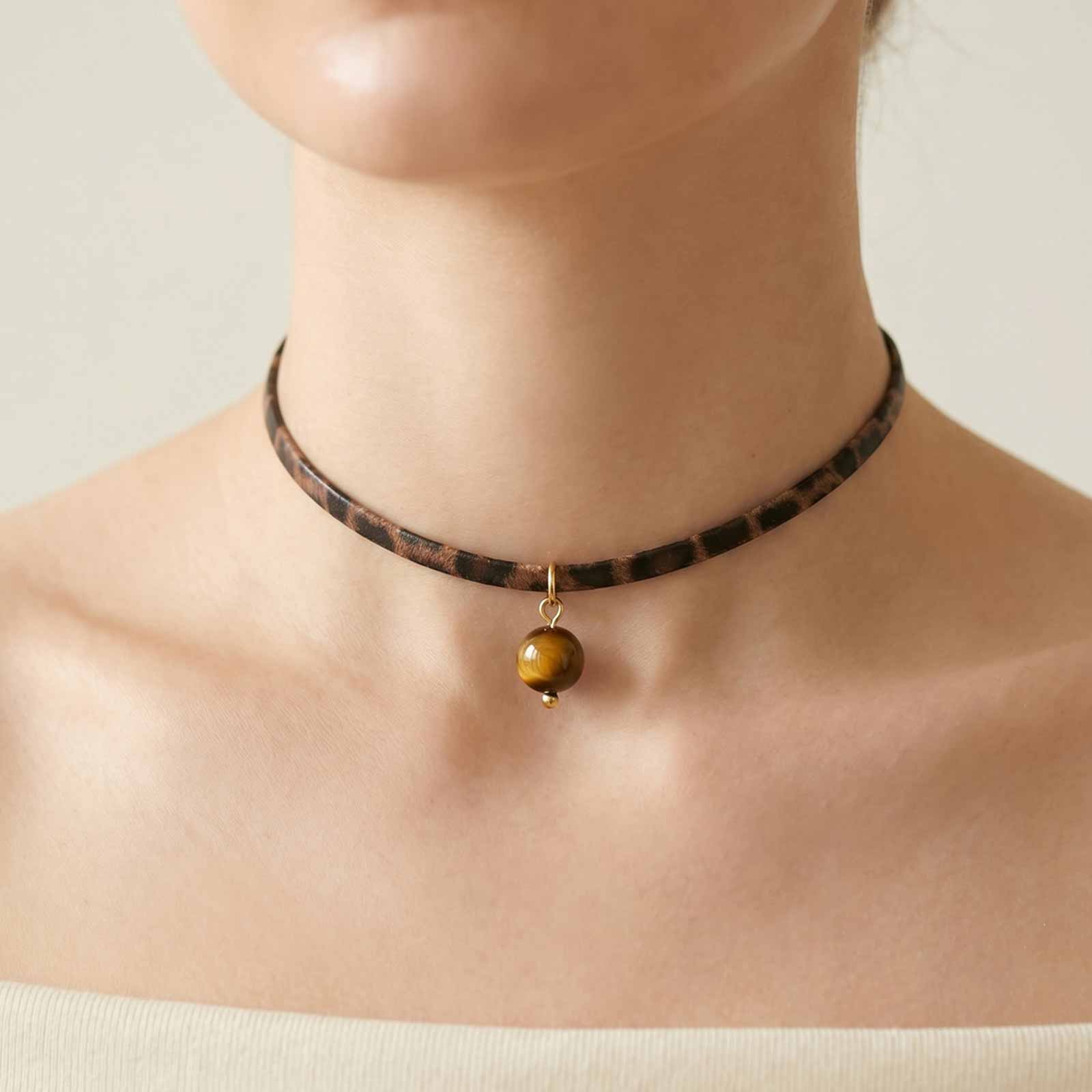 Leopard Leather Choker Necklace, Stainless Steel 18K Gold Plated, Waterproof Turquoise Pendant Y2K Party Clubwear Jewelry