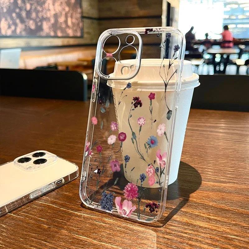 16E Flower Clear Phone Case For iPhone 16 Pro Max Case iPhone 13 11 12 14 15 Pro Max XR 8 16 Plus Shockproof Transparent Cover