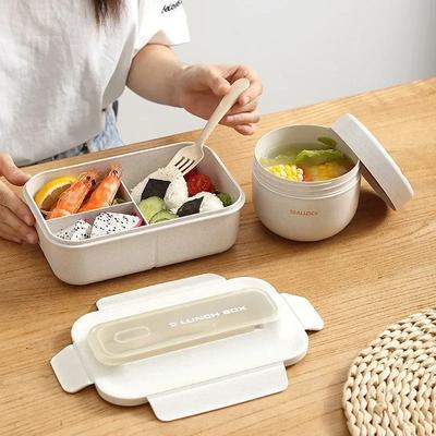 Portable Cutlery Set Square Wheat Straw Lunch Box Soup Bowl with Spoon Fork School Office Camping Food Container Tableware Set