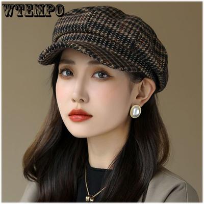 Frauen Plaid Achteckige Hut Damen Winter Herbst Runde Gesicht Warm Verdickt Fleece Maler Kappe