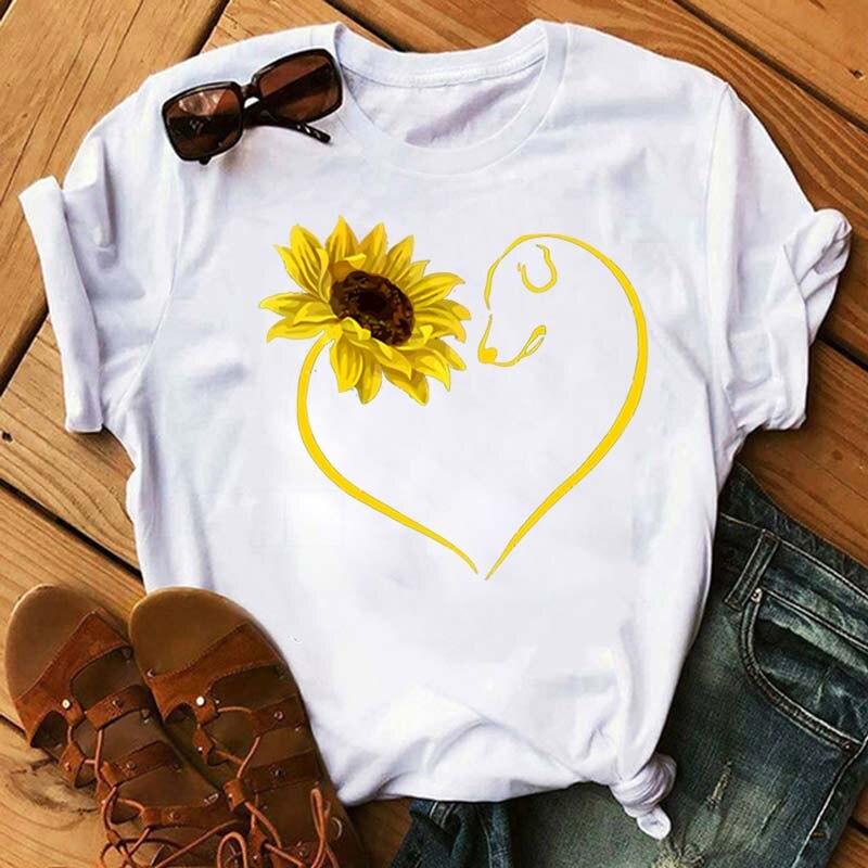 Graphic T-Shirt Women Clothing Harajuku Heart Print Aesthetic Basic O-Neck Tops Casual Tshirt Tee Fashion Roupas Femininas