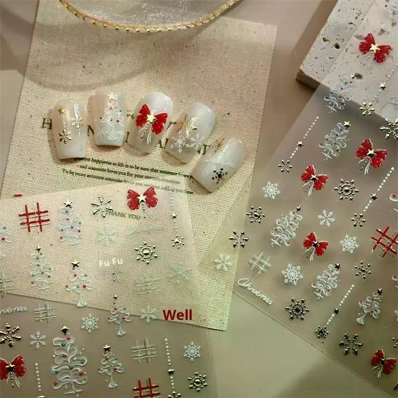 Cute Christmas Style White Christmas Tree Snowflake Nail Art Stickers Red Bow Nail Art Print Embossed Sticker Festive Nail Decor