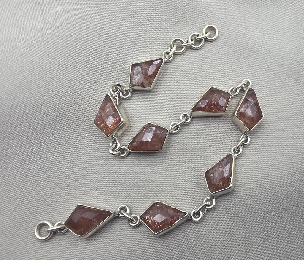 925 Sterling Silver Natural Sunstone Bracelet Handmade Gemstone Link Jewelry