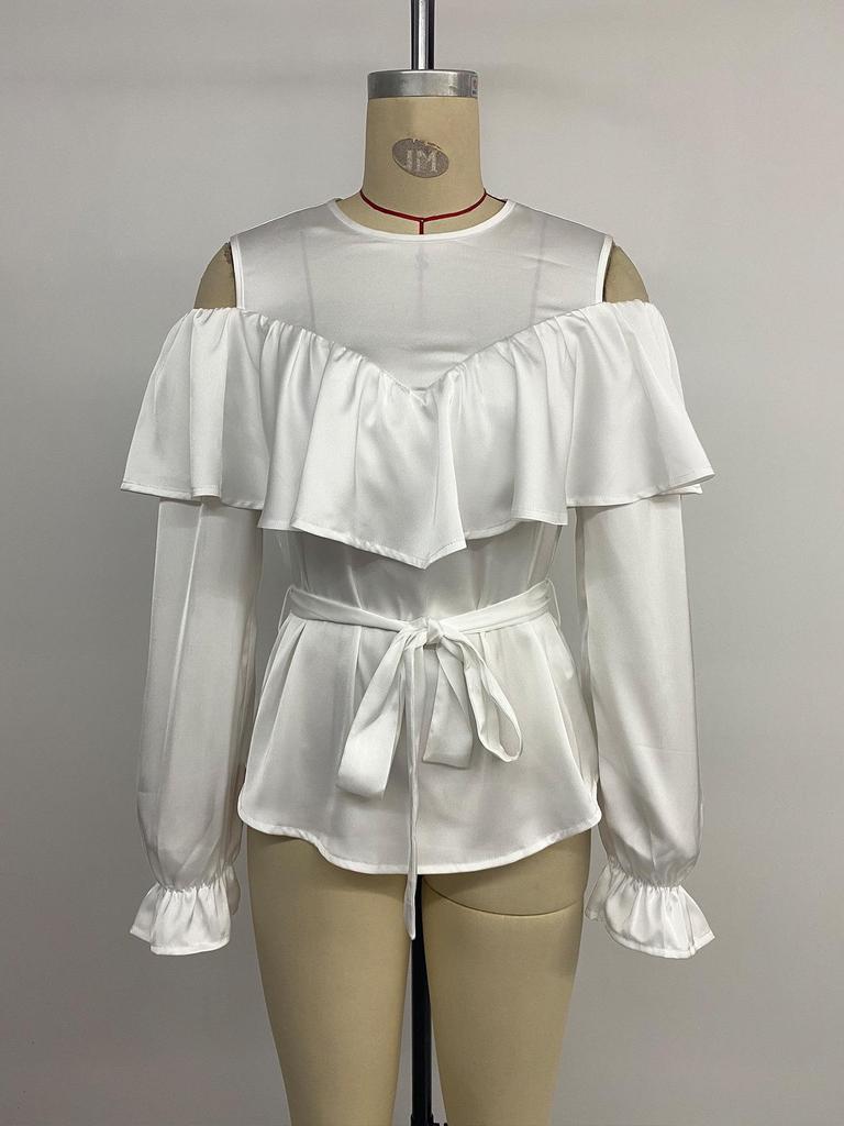 Elegant Off-the-Shoulder Ruffled Satin Blouse with Long Sleeves (Spring/Autumn 2025 Collection)