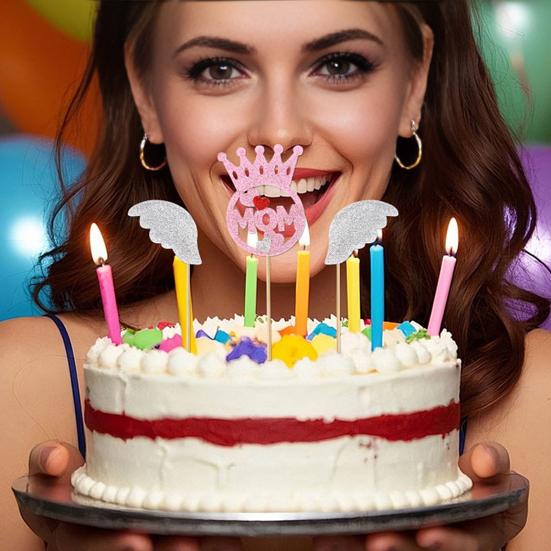 Mother's Day Cake Toppers I Love Mom Cupcake Topper Picks Glitter Hearts Flowers Crown Picks for Mom's Birthday Party Cake Decor