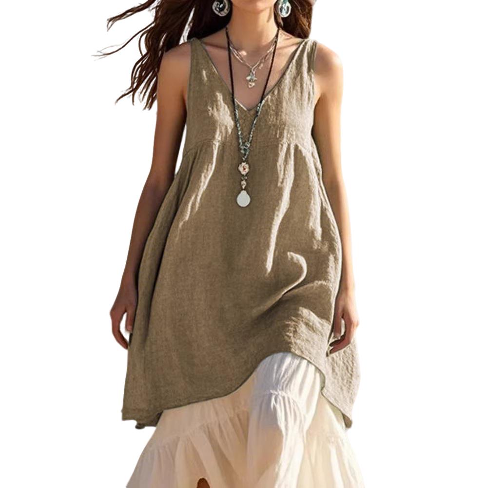 Women's Retro Minimalist Solid-Color V-Neck Casual Loose-Fit Sleeveless Long Tank Top Cotton-Linen Beach Dress