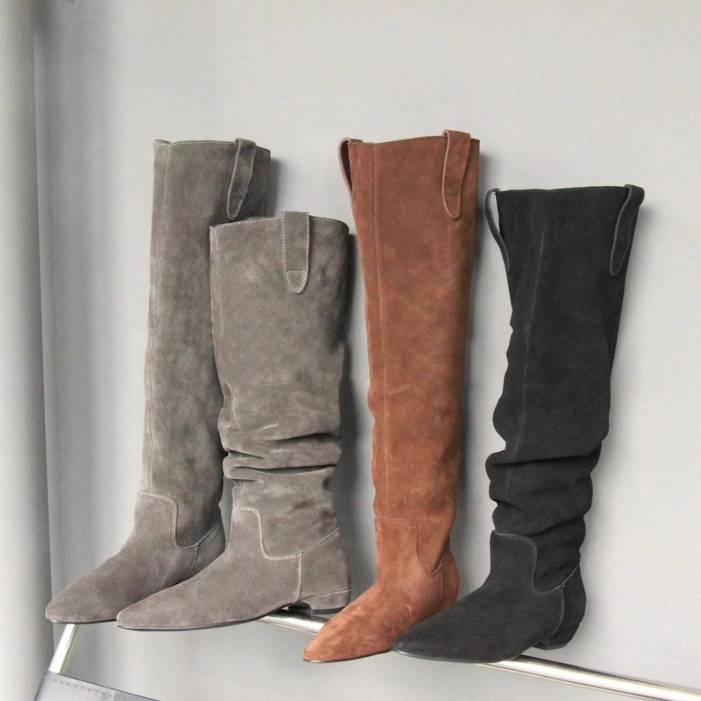 Sheepskin Version~ Retro Flat Boots Femininity Matte Wide Tube Pleated Stacked Boots Slim Versatile Knight Boots