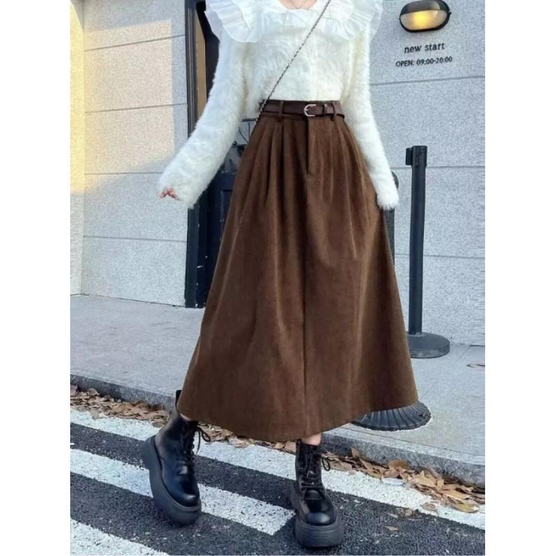 Women Winter Elegant Corduroy Long Big Swing A-line Skirts Loose Elastic Waist Skirt