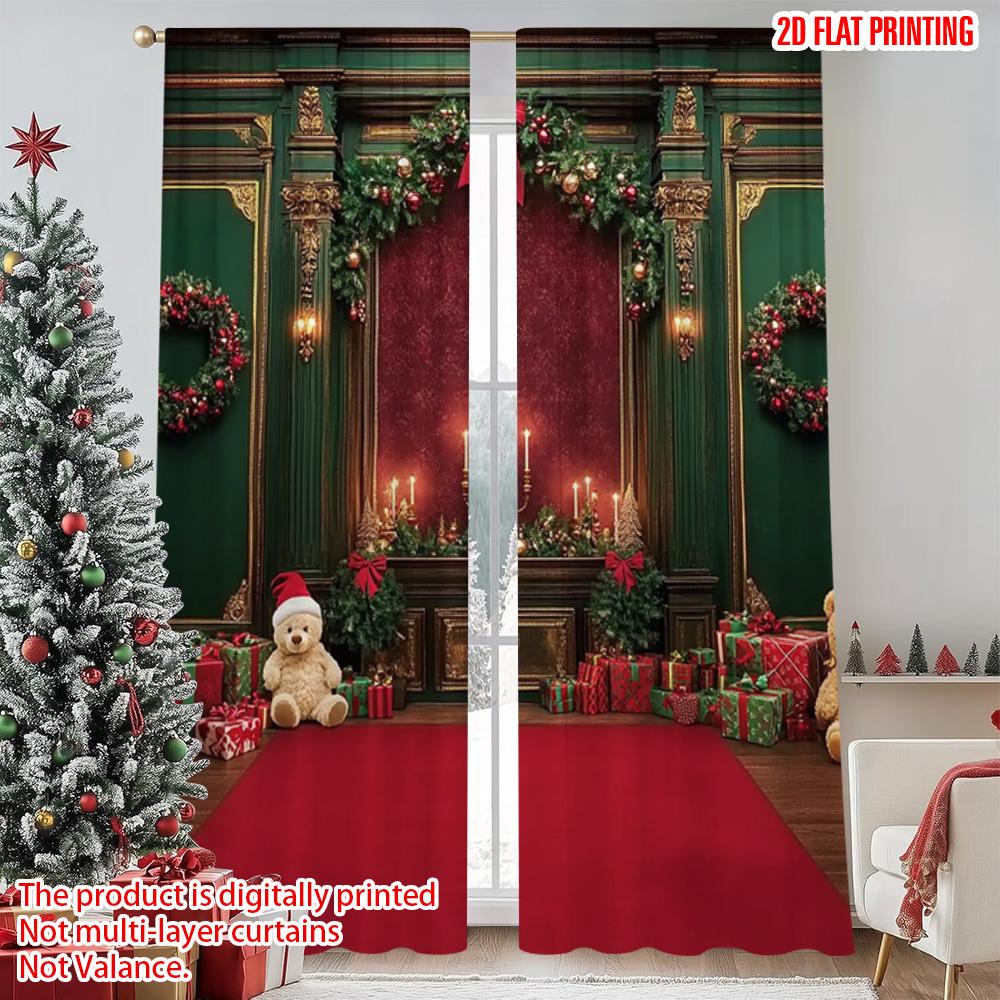 

2pcs 2D flat printing Christmas Drapes Christmas wreath Christmas tree Christmas candle Machine Washable Polyester Without 52.50×116.00 CM 2pcs