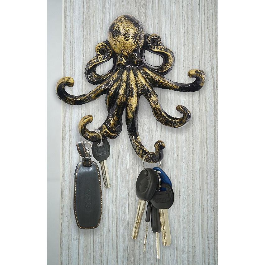 Octopus Key Hooks for Wall, Antique Bronze Cast Iron Decorative Wall Hook Animal Coat Hooks