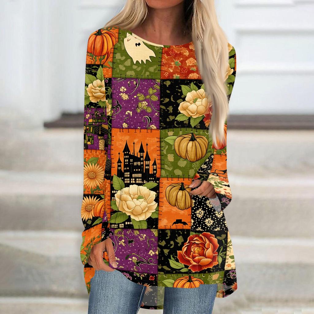 Women's Halloween Printed Long Sleeve Round Neck T-Shirt Mid-Length Casual Top