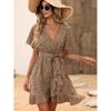 2026 Summer New Women's Fashion Printed Dress with Spotted Ruffles and Tie-Waist Design