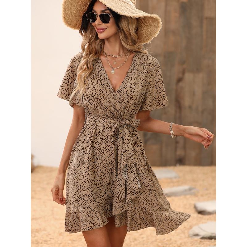 2026 Summer New Women's Fashion Printed Dress with Spotted Ruffles and Tie-Waist Design