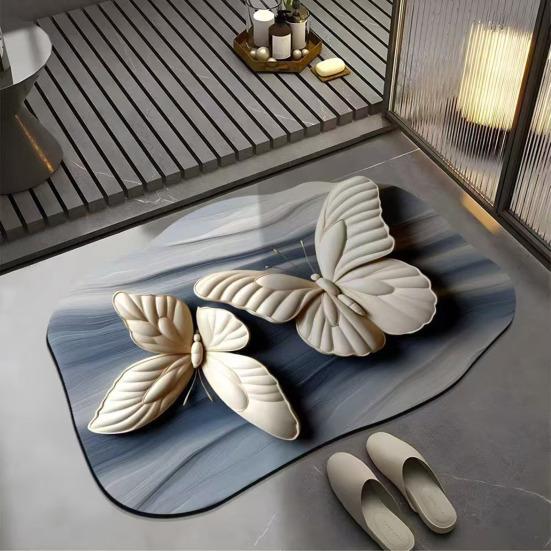 Floor Mat Quick Drying High Water Absorption 3D Realistic Butterflies Floral Pattern Anti-Slip Bathroom Mat Entryway Kitchen Rug
