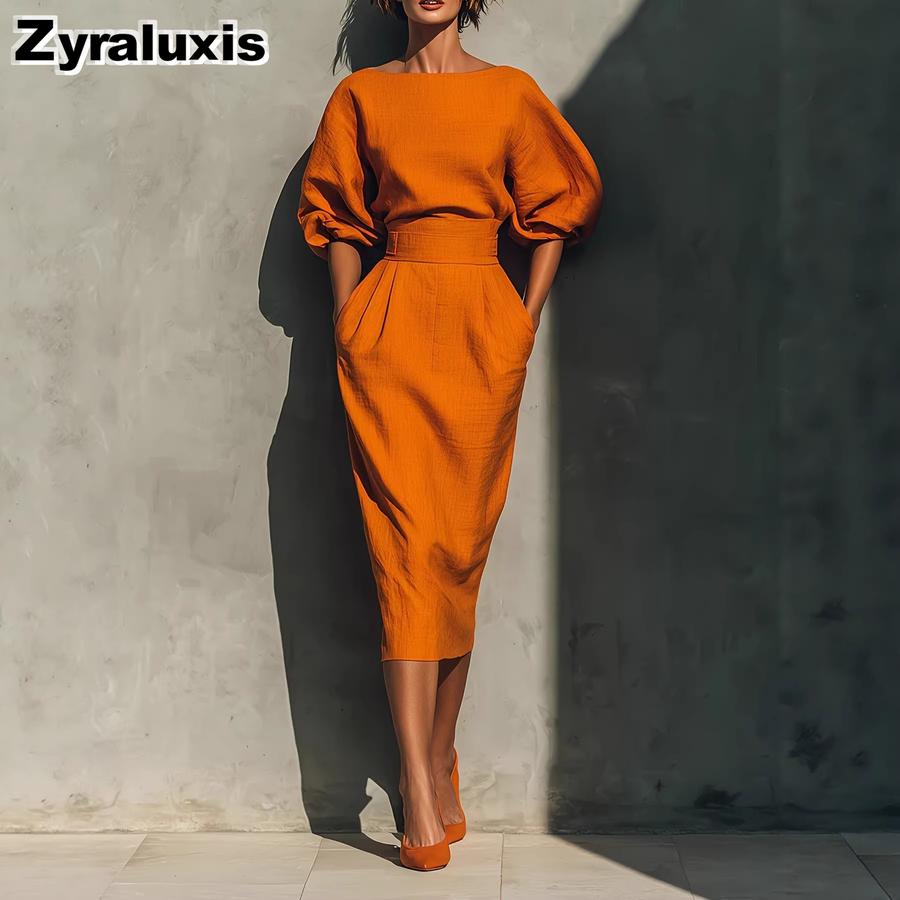 Spring/Autumn New Women's Clothing Set - Boat Neck Bubble Sleeve Top with High Waist Ruffled Skirt for Vacation