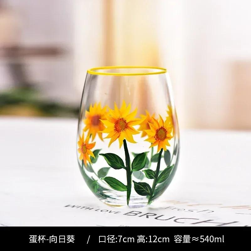 Hand Drawn Flower Patterned Crystal Glass Cup Festival Party Art High Feet Red Wine Cup Family Wine Glass Set Of Three Pieces